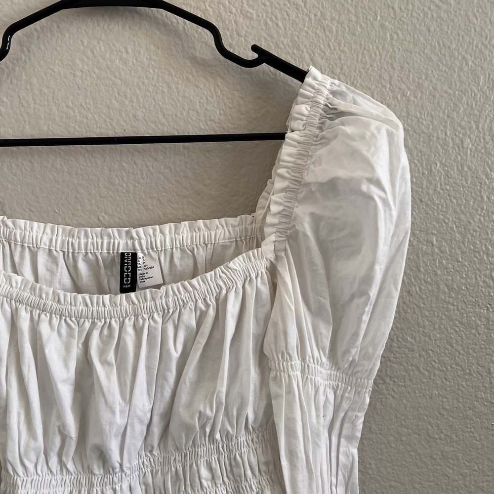 White Top Poet Sleeve Small Cottagecore Boho Milkmaid Square Neck - Picture 2 of 8